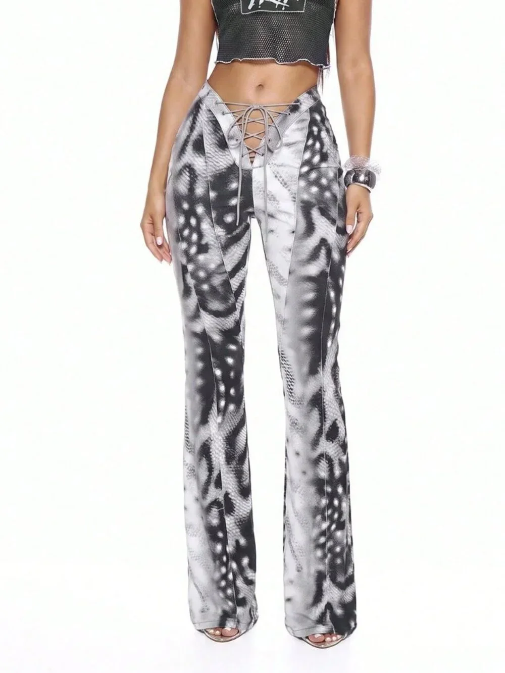 Black Casual Women's Mixed Print Tie Front Flared Low Waist Skinny Jeans